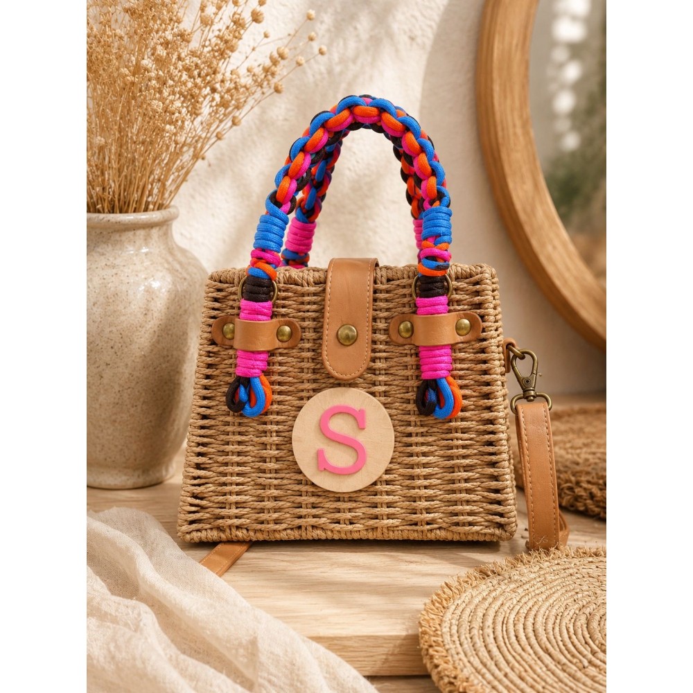 Bolso de rafia con asas de colores e inicial personalizada