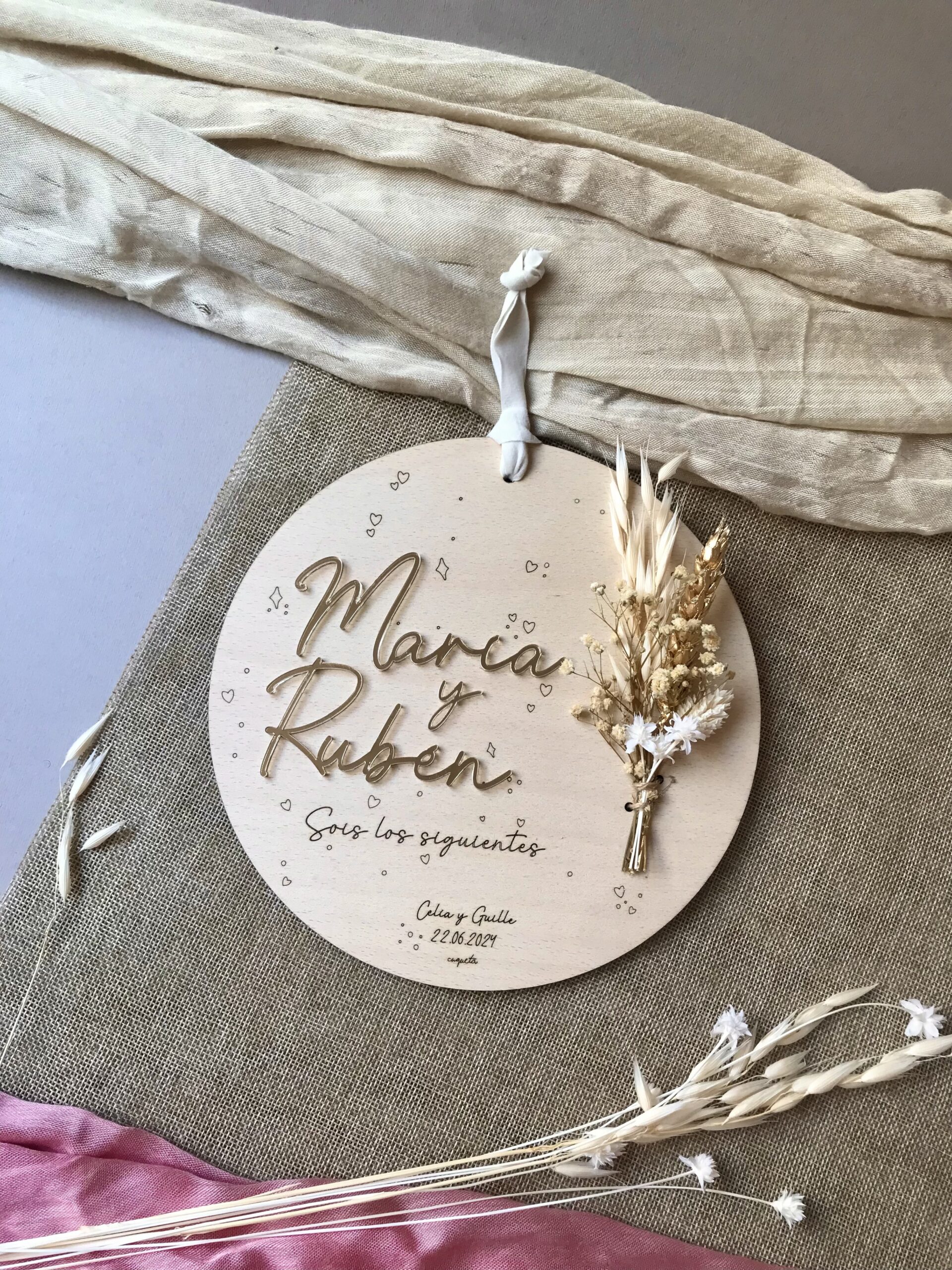 Placa ramillete oro "Sois los siguientes" personalizada