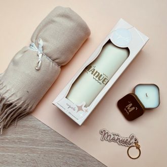 Pack Bufanda, Botella, Vela y Llavero personalizado