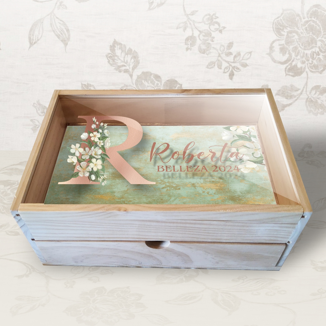 Caja Multiusos de madera Inicial Floral personalizado - Imagen 2